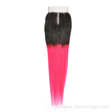 Virgin Hair Ombre Two Tone 1B Pink 4*4 Swiss Lace Closure Brazilian Straight Wave 130% Density Remy Human Hair 8''-20